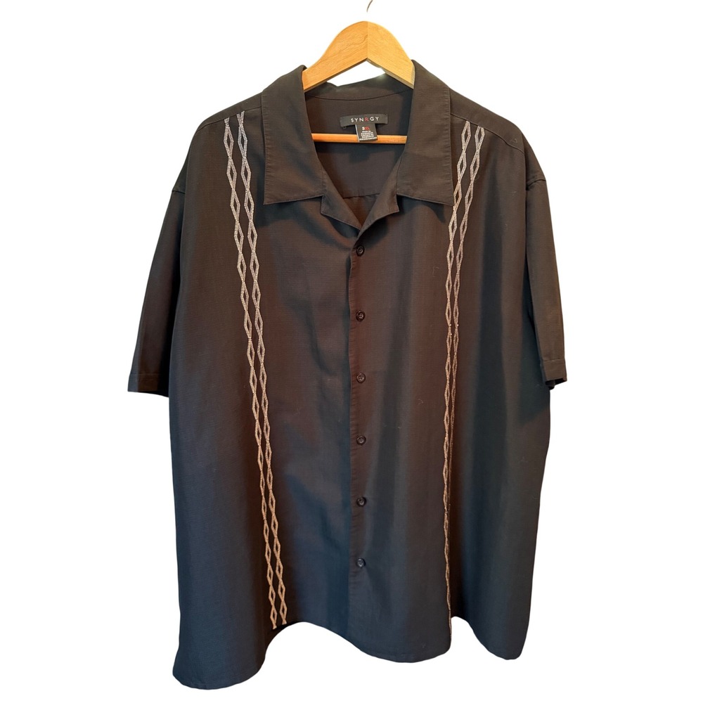SYNRGY Mens 3XL Big & Tall Black Short Sleeve Embroidered Button Down Camp Shirt
